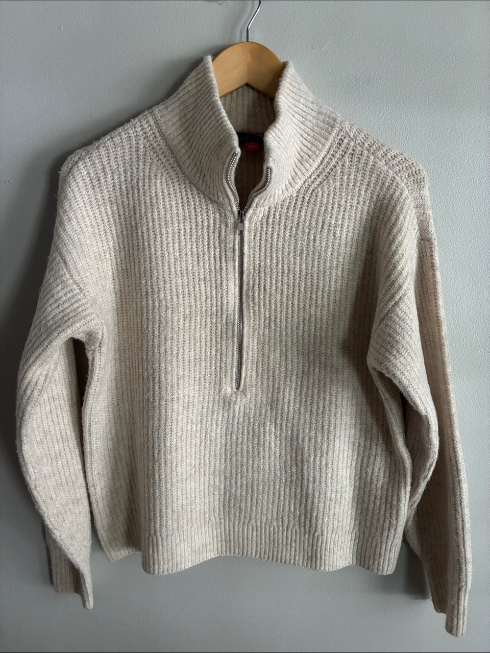 Cream Chunky Knit Quarter Zip Sweater Mock Neck Oversized Pullover S